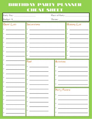 Planner Cheat Sheet - Birthday Party Green